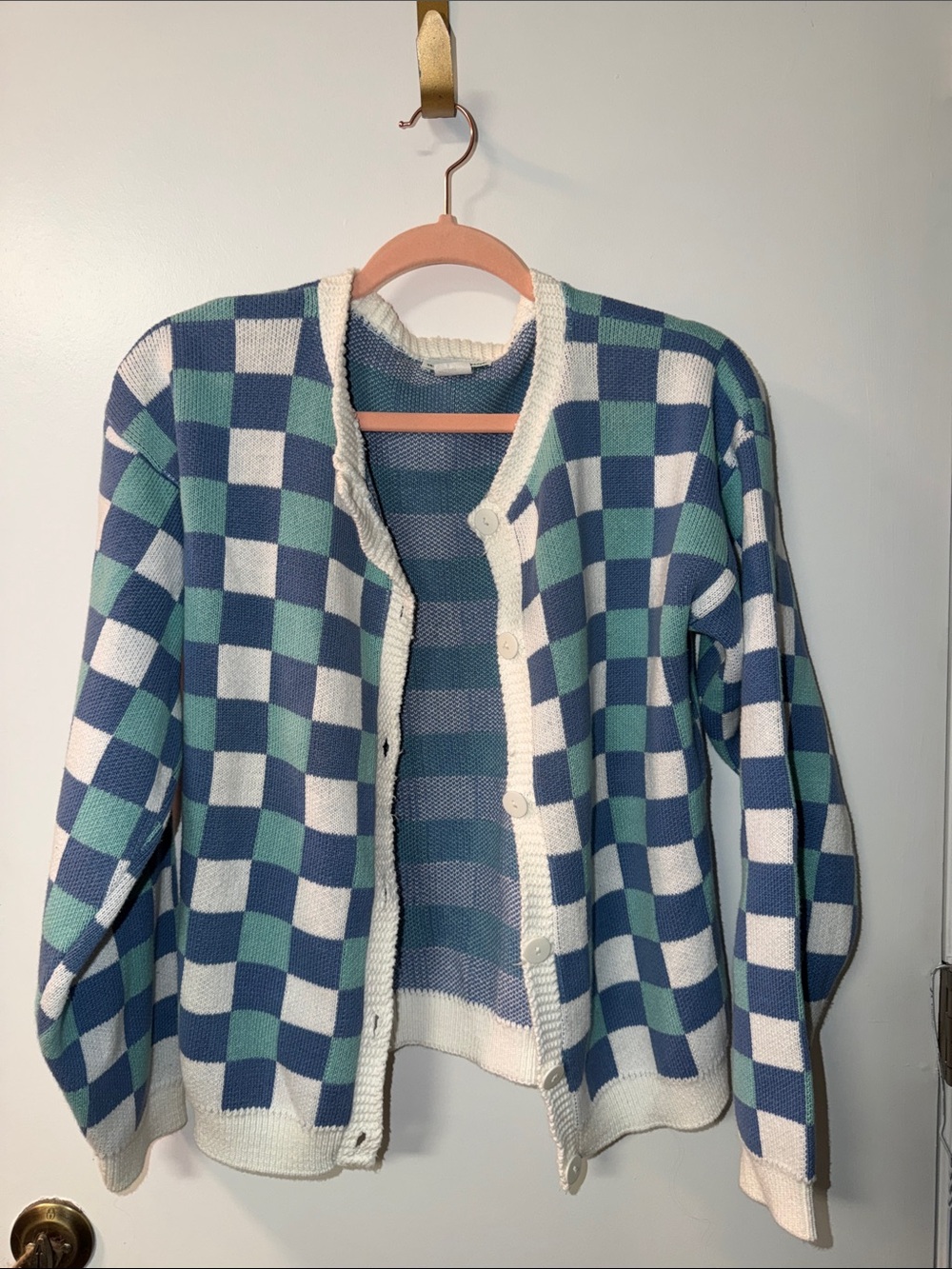 Vintage Blue & Mint Check Knit Cardigan Sweater